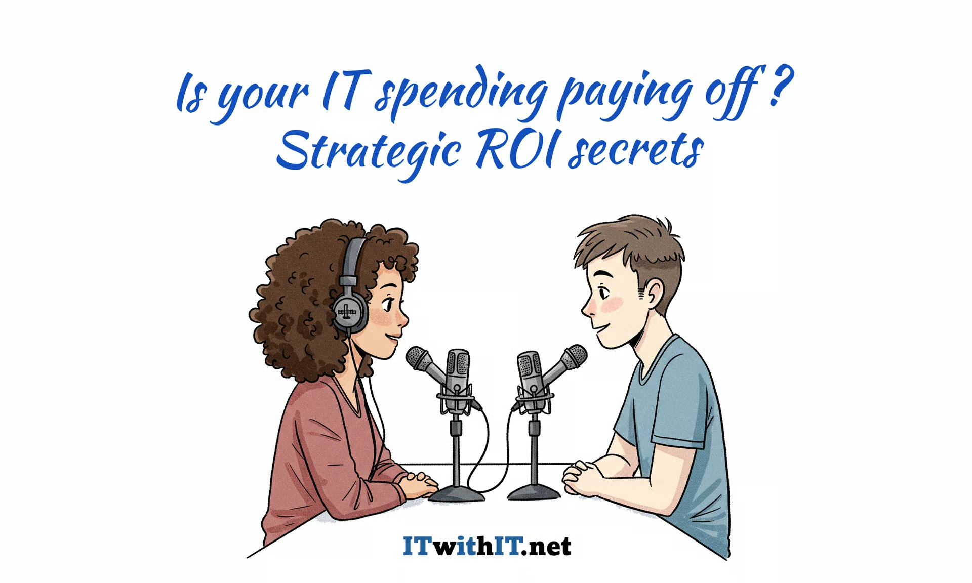 Illustration of two people wearing headphones and speaking into microphones beneath the words Strategic ROI secrets.